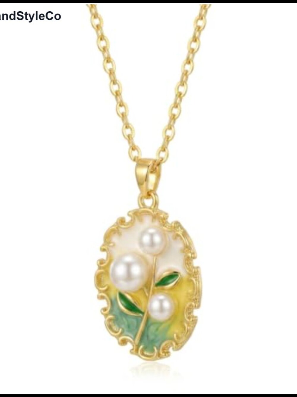 14K Gold Plated Enamel Pearl Pendant Necklace for Women | Vintage Floral Outfit